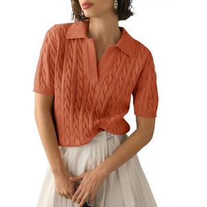 Women's Cable Short Sleeve Sweaters Tops Solid Lapel V Neck Cable Knit Casual Soft Pullover Shirt - 1 of 4