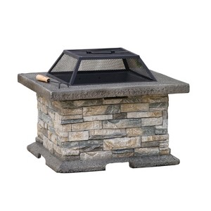 Gulches 28" Square MGO Fire Pit - Engineered Stone Base & Heat-Resistant Iron Bowl, Includes Mesh Cover/Poker, No Assembly - 1 of 4