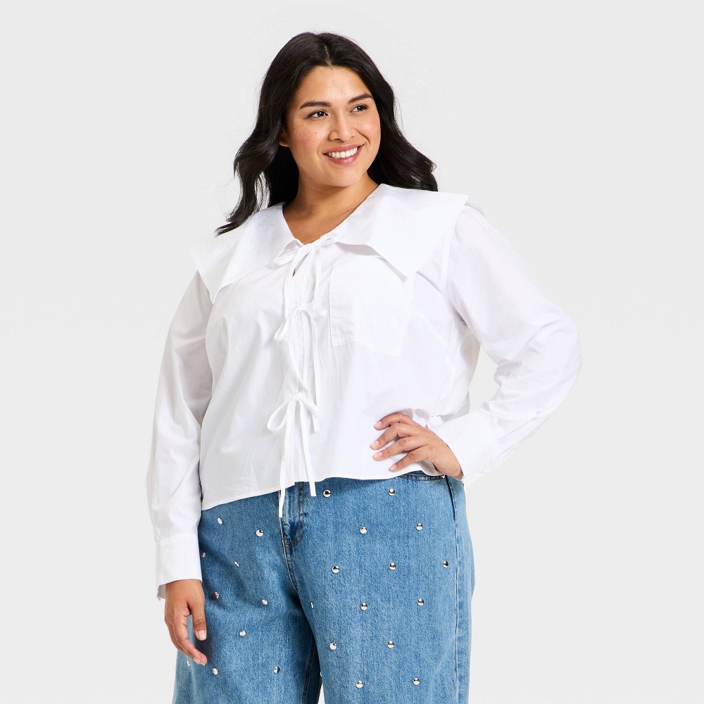 2X Women's Long Sleeve Relaxed V-Neck Tie-Front Blouse - Future Collective White 2X