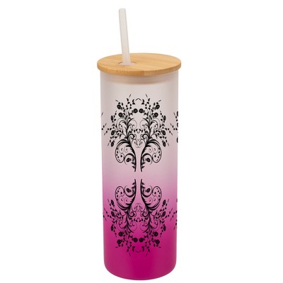 Elanze Designs Vintage Floral Damask Pattern Wrap-Around Design 25 Ounce Frosted Gradient Glass On-The-Go Coffee Travel Skinny Tumbler Mug Cup, Bamboo