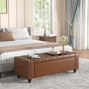 49 Inch Upholstered Storage Ottoman Bench, Faux Leather Window Bench Entryway Bench - 1 of 4