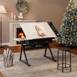 Racxily Adjustable Drawing Drafting Table Desk with 2 Drawers for Home Office and School with Stool - 1 of 4