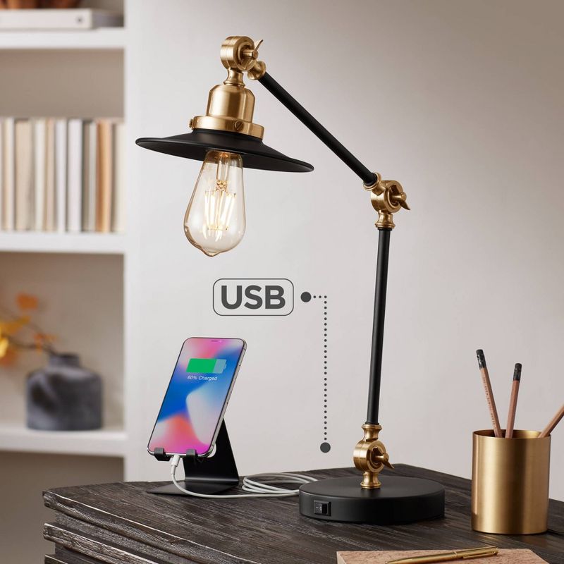 360 Lighting Taurus Industrial Rustic Desk Lamp 20" High Black Gold with USB Charging Port Adjustable for Bedroom Living Room Bedside Nightstand House, 2 of 10
