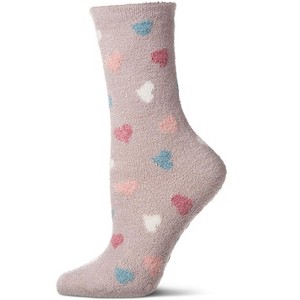Memoi Women's "All Over Hearts" Non-Skid Lavender Infused Crew-Length Cozy Spa Sock Cement 9-11 - 1 of 4
