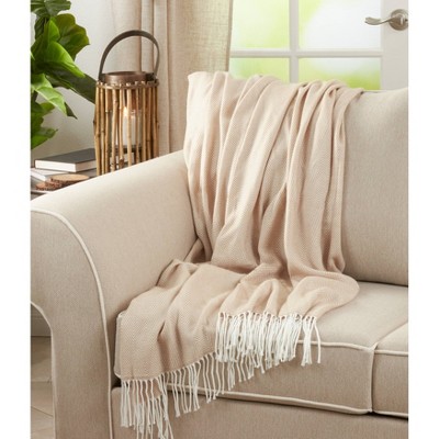 Elegant Herringbone Throw Blanket with Tassel Fringe - Camel 50"x60"