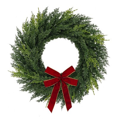 Puleo 22" Artificial PE Cypress Christmas Wreath with Red and Gold Bow