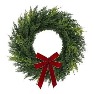 Puleo 22" Artificial PE Cypress Christmas Wreath with Red and Gold Bow - 1 of 4