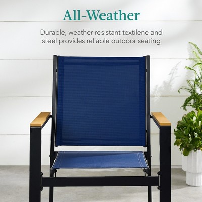 Set of 2 Blue Metal Armchairs with Wooden Armrests