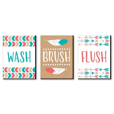 Big Dot of Happiness Boho - Kids Bathroom Rules Wall Art - 7.5 x 10 inches - Set of 3 Signs - Wash, Brush, Flush