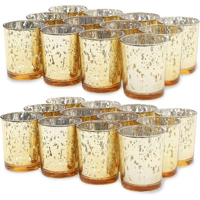 Round Gold Mercury Glass Cylinder Votive Tealight Candle Holder Set of 24 Decorative, 2.2"x2.2"x2.6"