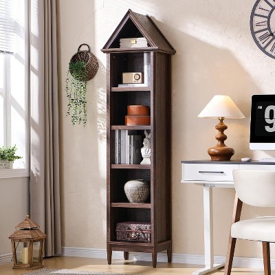 Bookshelf with Adjustable Shelves, 75.9" Tall Narrow Bookshelf with Storage, 5 Tiers Open Shelves Bookcase with Triangular Top, Brown