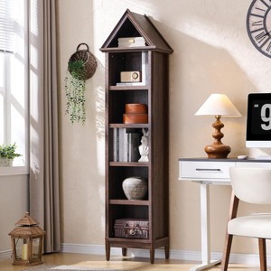 Bookshelf with Adjustable Shelves, 75.9" Tall Narrow Bookshelf with Storage, 5 Tiers Open Shelves Bookcase with Triangular Top, Brown - 1 of 4