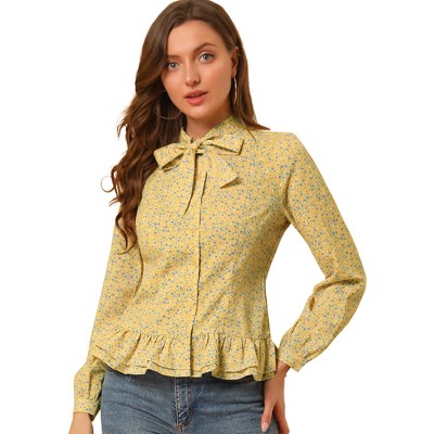 Allegra K Women's Tie Bow Neck Long Sleeves Floral Blouse Button Down Shirt