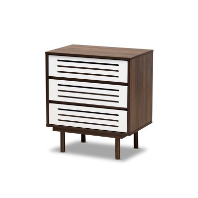 3 Drawer Meike Two-Tone Wood Nightstand Walnut/White - Baxton Studio