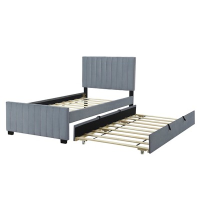 Bellemave Twin Bed Frame with Trundle Bed,Velvet Upholstered Bed Frame,for Kids Teens Adults Gray