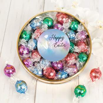 Easter Candy Gift Tin with Chocolate Lindor Truffles by Lindt Large Plastic Tin with Sticker - Tulips - By Just Candy
