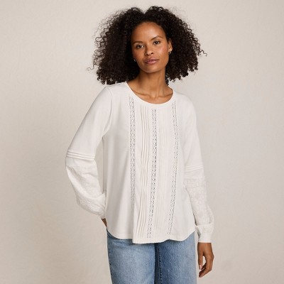 Lands' End Women's Lightweight Jersey Lace Mix Long Sleeve Pintuck Top