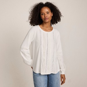 Lands' End Women's Lightweight Jersey Lace Mix Long Sleeve Pintuck Top - 1 of 4