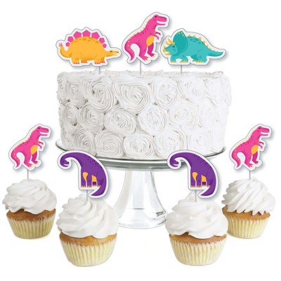 Big Dot of Happiness Roar Dinosaur Girl - Dessert Cupcake Toppers - Dino Mite T-Rex Baby Shower or Birthday Party Clear Treat Picks - Set of 24