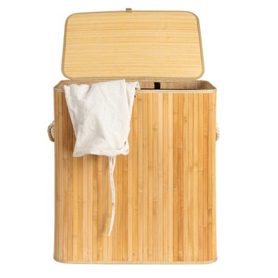 Natural Bamboo Double Laundry Hamper with Rope Handles and Lid