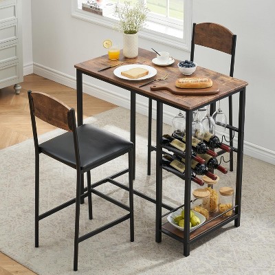 homfan 3 Pieces Pub Dining Table Set, Counter Height Dining Set, Modern Versatile Bar Table Set with Storage Shelf, Wine Rack Wine Glasses Holder