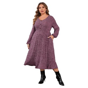 Clearlove Women's Plus Size Knit Textured Sweater Dresses Long Sleeve Loose Pleated Dress with Pockets - 1 of 4