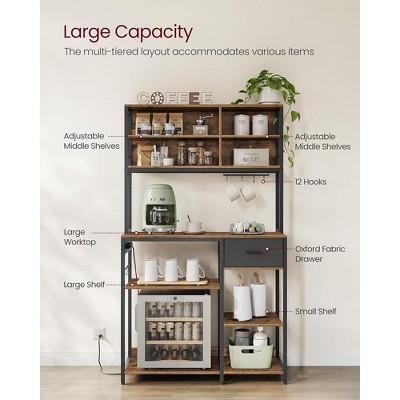 Rustic Brown and Black Adjustable Bakers Rack with Charging Station