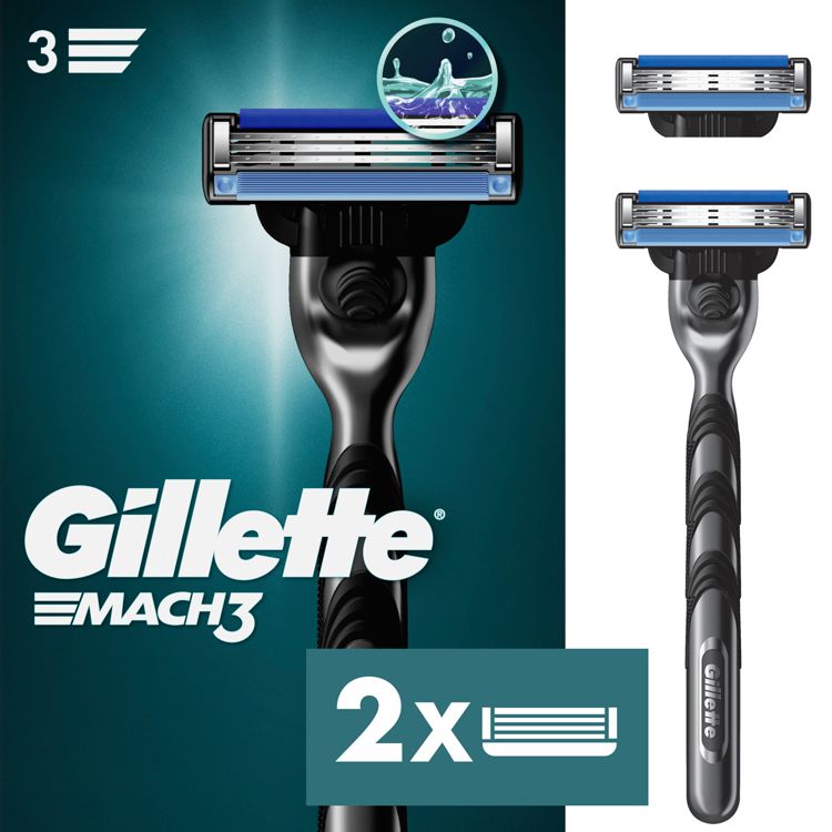 Gillette Mach3 razor with dark colored handle and two replacement blade cartridges, packaging showing the texts "Gillette", "MACH3" and a "2x" blades label.