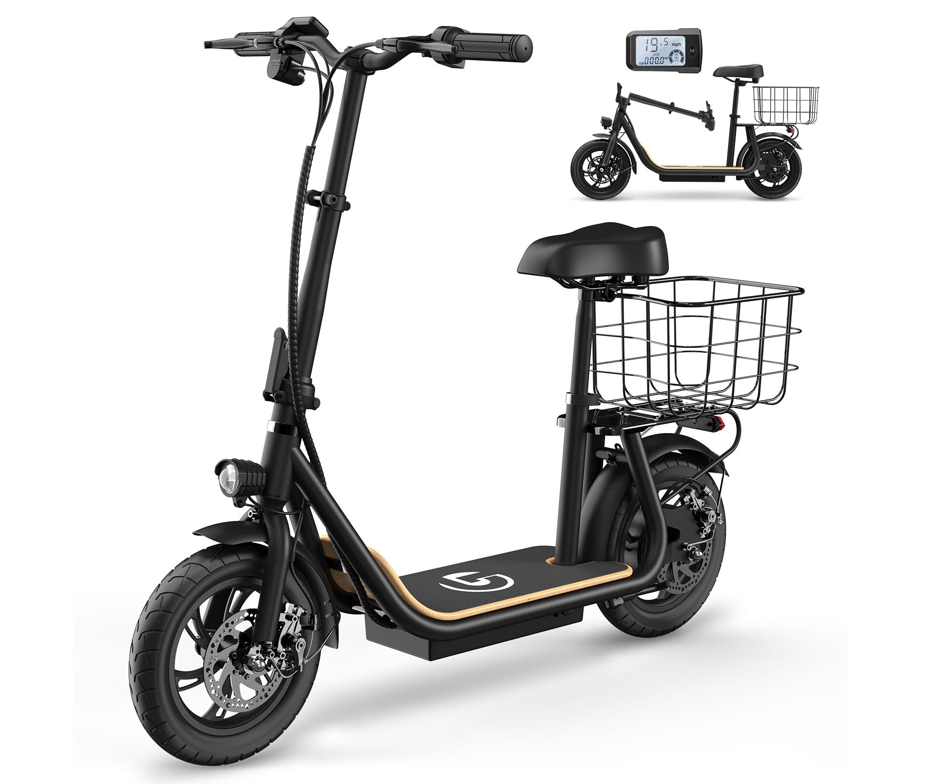 Electric Scooter with Seat for Adults, 500W Foldable Electric Scooter with Seat and Basket, Max 30 Miles Range&19 Mph Power