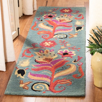 Blue Floral Hand-Knotted Wool Runner Rug 2'6" x 10'