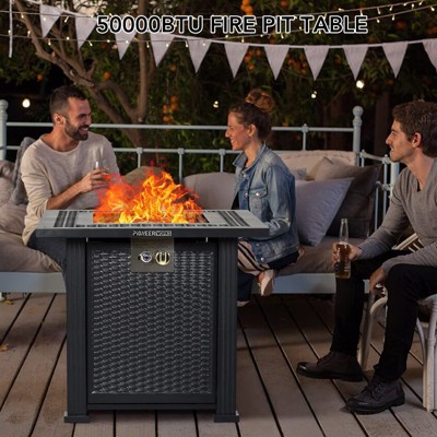 28 Inch Propane Fire Pit Table, 50000BTU Rectangle Fire Table with Cover, Sturdy Steel and Iron Fence Surface, CSA Safety Certified, Companion