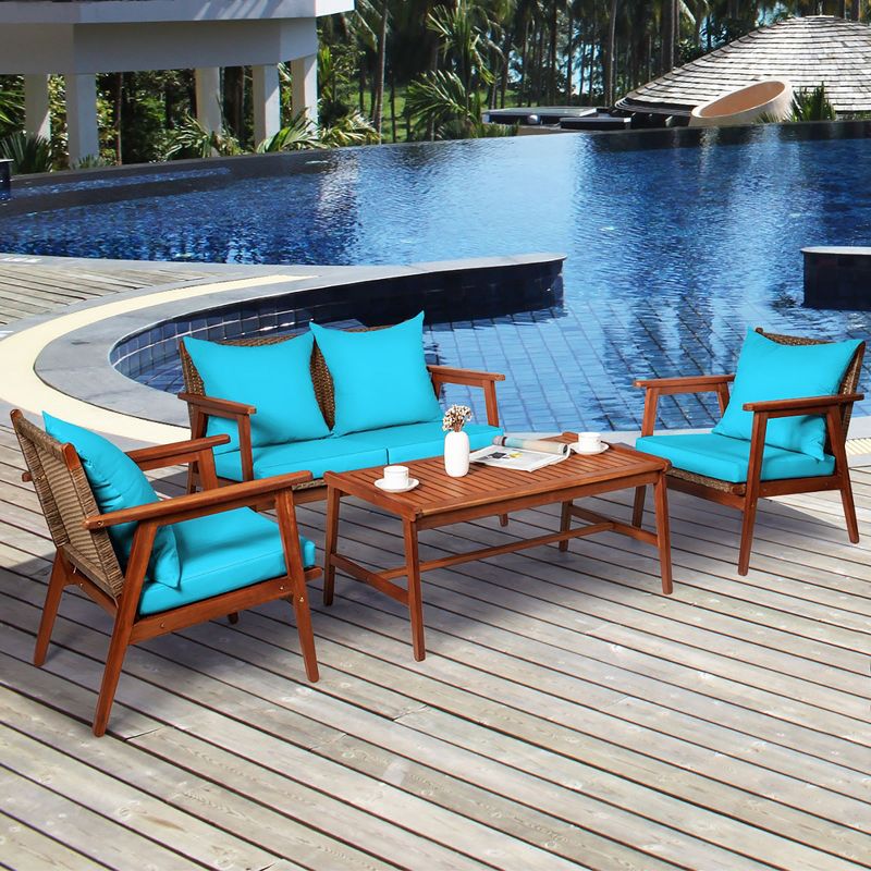 Costway 4PCS Patio Rattan Furniture Set Acacia Wood Frame Cushioned Sofa Chair Turquoise, 2 of 11