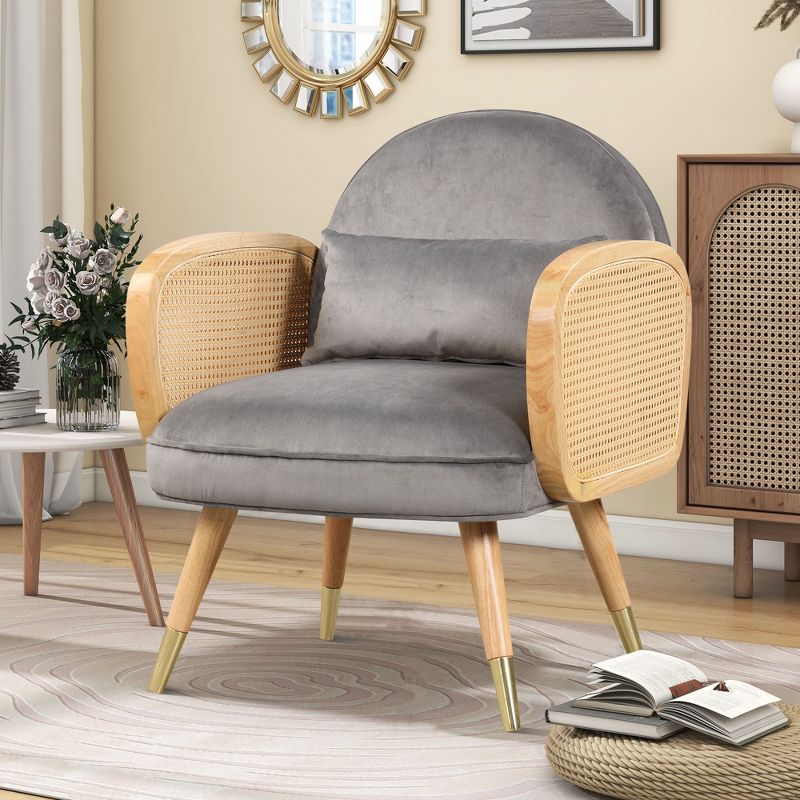Upholstered Mid Century Modern Chairs, Amchair with Rattan Armrest and Metal Legs - ModernLuxe, 1 of 15