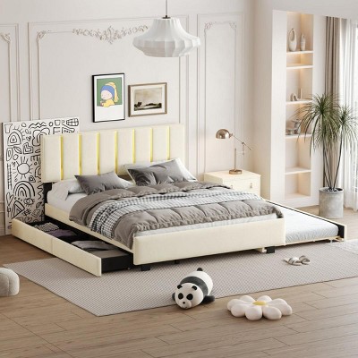 Streamdale Queen Size Upholstered Platform Bed with 2 Drawers and 1 Trundle, Classic Metal Strip Headboard Design, Beige