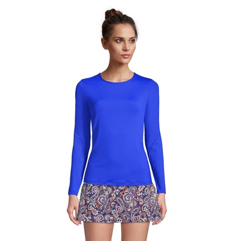 Lands' End Women's Long Crew Neck Long Sleeve Rash Guard UPF 50 Sun  Protection Modest Swim Tee - X-Small - Electric Blue