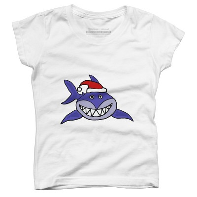 Girl's Design By Humans Funny Christmas Shark in Santa Hat By SmileToday T-Shirt