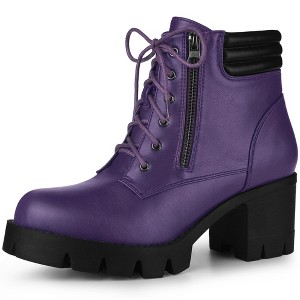 BLISSFUL STEP Women's Round Toe Chunky Heel Lug Sole Lace Up Zipper Combat Boots - 1 of 4