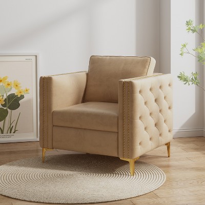 CIPACHO Accent Chair for Living Room Upholstered  Arm Chair with Metal Legs Velvet Khaki