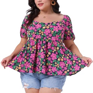 Agnes Orinda Women's Plus Size Floral Ruffle Hem Sweetheart Neck Short Sleeve Back Smocked Blouses - 1 of 4