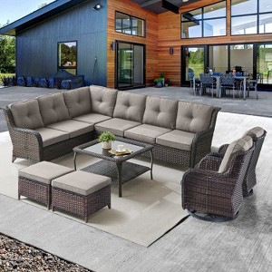 Belord 7PCS Patio Furniture Set with Swivel Chairs, All Weather Wicker L Shape Outdoor Sectional Sofa Set with Swivel Chairs, Ottomans, Coffee Table - 1 of 3