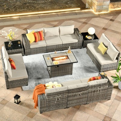 XIZZI 13 Pieces Sectional Sofa Set with Fire Pit Table, Wide Armrest and Deep Seat, Modular Furniture Set for Backyard Garden