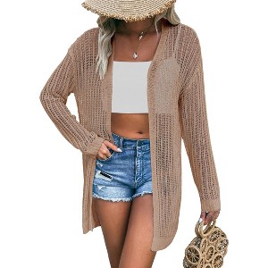 Clearlove Women's Lightweight Long Sleeve Open Front Beach Cover Up Crochet Lace Duster Cardigan Summer Boho Chic Shrug - 1 of 2