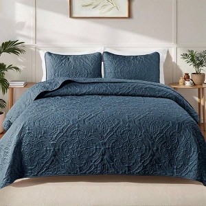 Navy Blue King Size Bedspread with 2 Pillow Shams, Lightweight Vintage Damask Quilt Set for All Seasons. - 1 of 4