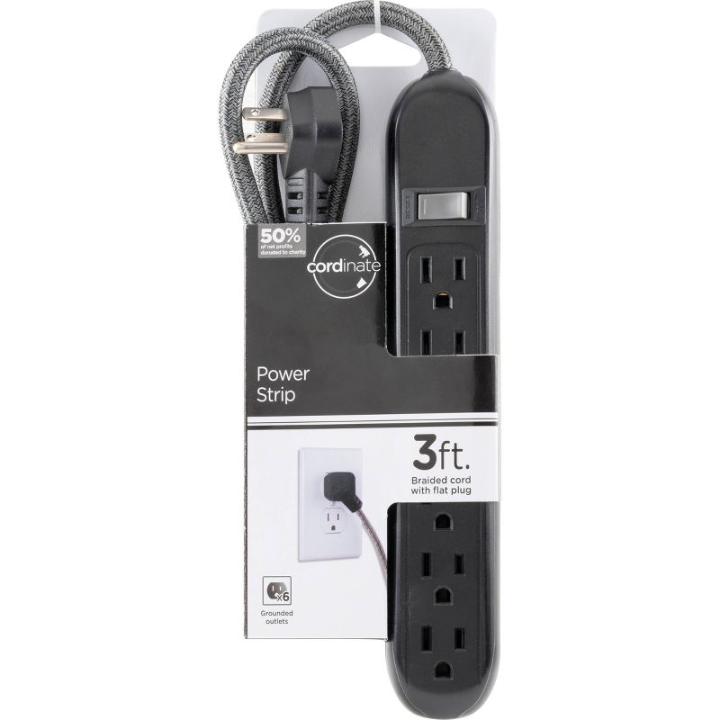 Cordinate 6 Outlet Grounded Power Strip with 3&#39; Braided Cord Black/Gray, 1 of 9