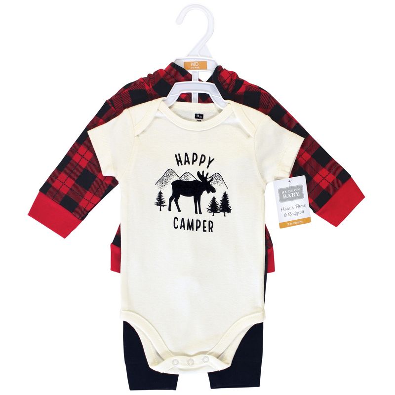 Hudson Baby Infant and Toddler Boy Cotton Hoodie, Bodysuit or Tee Top and Pant Set, Plaid Moose Baby, 3 of 4