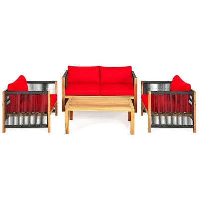 Tangkula Outdoor Patio Wood Conversation Furniture Set Padded Chair with Coffee Table Red/Turquoise