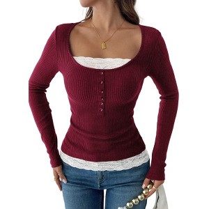 Women's Fashion Minimalist Square Neck Lace - Trimmed Button - Front Slim Fit Long Sleeve Top - 1 of 4