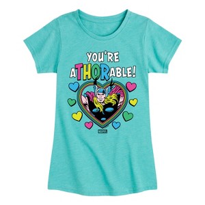 Girls' - Marvel - Thor Valentine You're Athorable Fitted Short Sleeve Graphic T-Shirt - 1 of 4