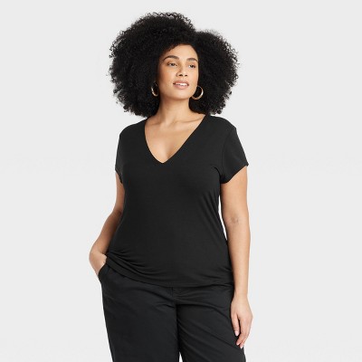 Women's Slim Fit Short Sleeve V-neck T-shirt - A New Day™ Black 3x