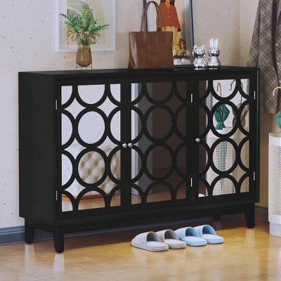 COMHOMA Modern Mirrored Sideboard Cabinet - 3 Doors Buffet with Storage, Entryway Console & Accent Cabinet, Black